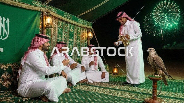 رجال سعوديون يحتفلون بالألعاب النارية في خيمة تراثية