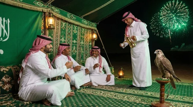 رجال سعوديون يحتفلون بالألعاب النارية في خيمة تراثية