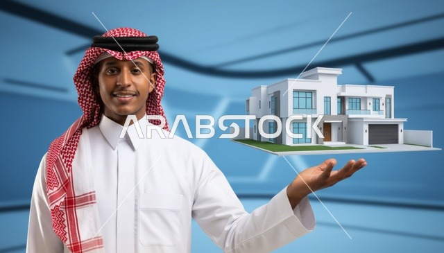 رجل سعودي يحمل مجسم فيلا حديثة للاستثمار العقاري