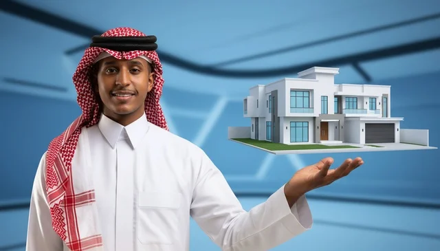 A Saudi man holding a model of a modern villa for real estate investment.