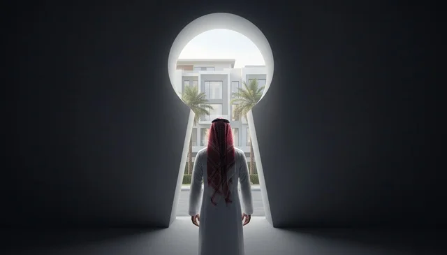 Saudi Man Viewing Residential Property Through Keyhole