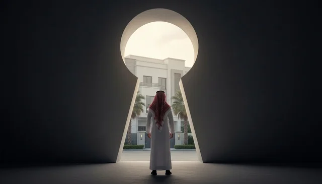 Saudi Man at Keyhole Facing Modern Residential Villa