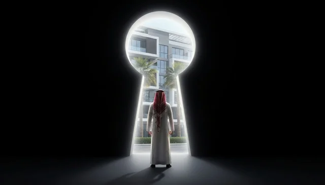 Saudi Man Looking Through Keyhole at Modern Real Estate