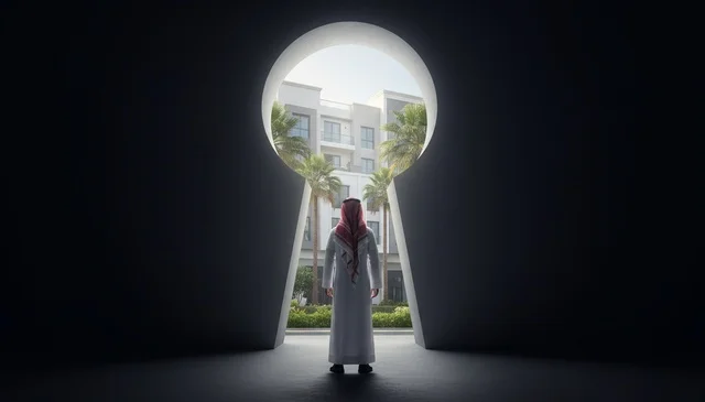 Saudi Man Looking Through Keyhole at Modern Architecture