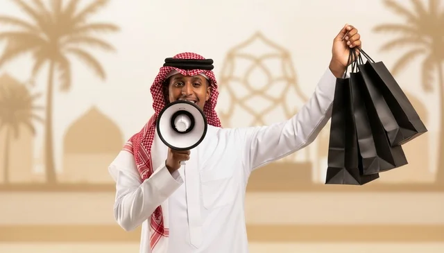 رجل سعودي يحمل مكبر صوت وأكياس تسوق سوداء للإعلانات