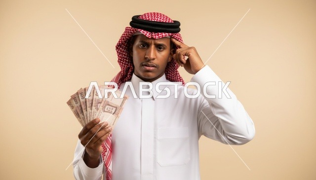 رجل سعودي يحمل عملة ورقية سعودية بتعبير مفكر