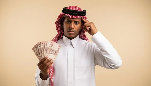 رجل سعودي يحمل عملة ورقية سعودية بتعبير مفكر