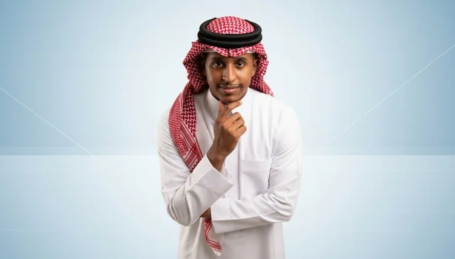 رجل سعودي بالثوب التقليدي في وضعية تفكير