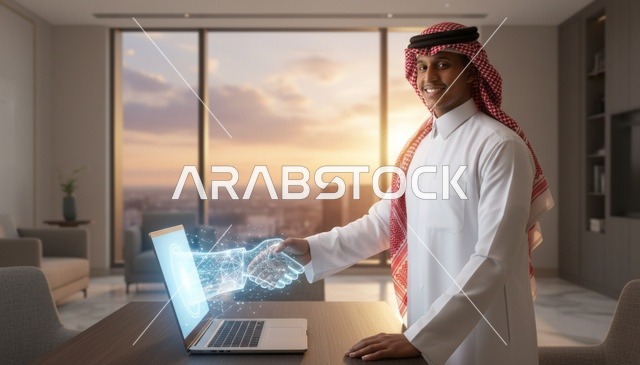 Saudi Man Shaking Hands with Digital Hologram on Laptop