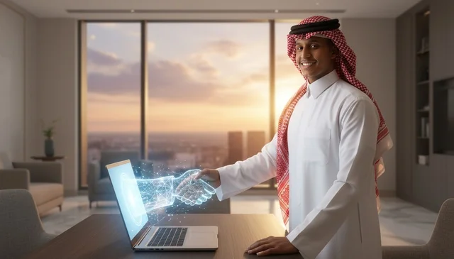 Saudi Man Shaking Hands with Digital Hologram on Laptop Saudi Man Shaking Hands with Digital Hologram on Laptop