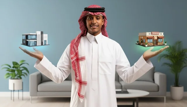 رجل أعمال سعودي يحمل نماذج مباني للاستثمار