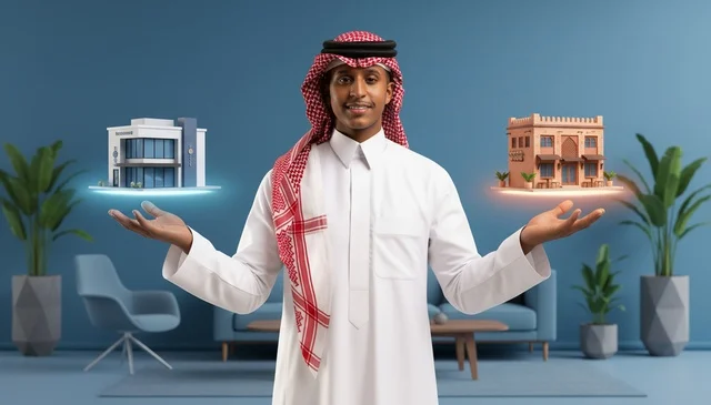 رجل سعودي يحمل نماذج منازل حديثة وتراثية