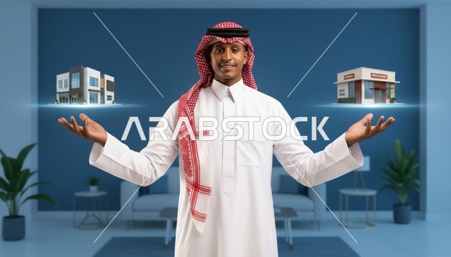 رجل سعودي يحمل نماذج عقارية ثلاثية الأبعاد