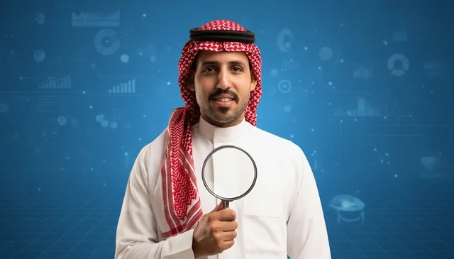 رجل سعودي يحمل عدسة مكبرة لتحليل البيانات