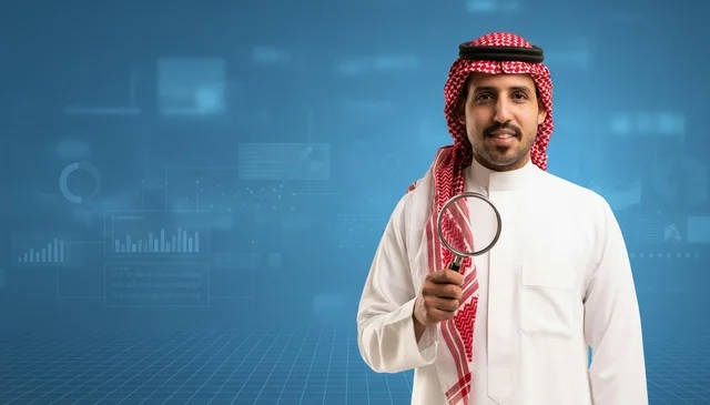 رجل سعودي يحمل عدسة مكبرة على خلفية رقمية