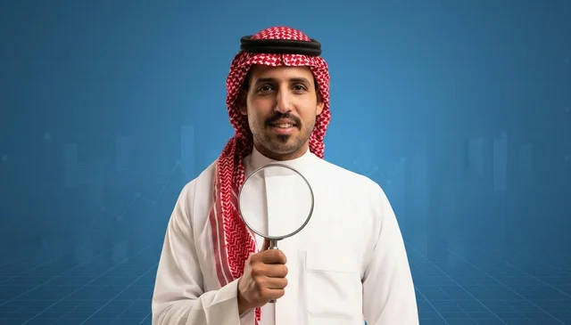Saudi Man Holding Magnifying Glass on Blue Background