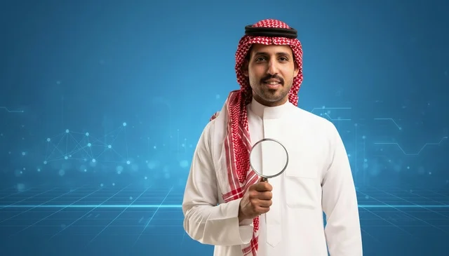 Saudi Man Holding Magnifying Glass on Tech Background