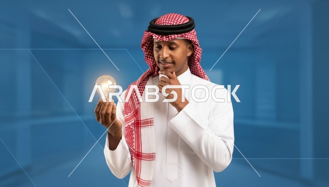 رجل سعودي يمسك مصباح مضيء يعبر عن فكرة ابتكار