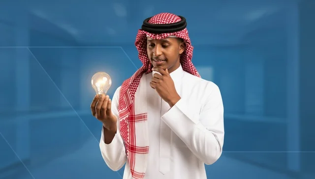 Saudi Man Holding Glowing Light Bulb for Innovation Idea