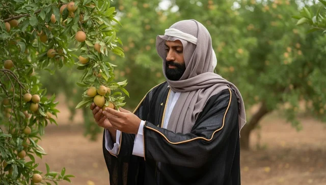 Saudi Man in Traditional Dress in Lush Fruit Orchard