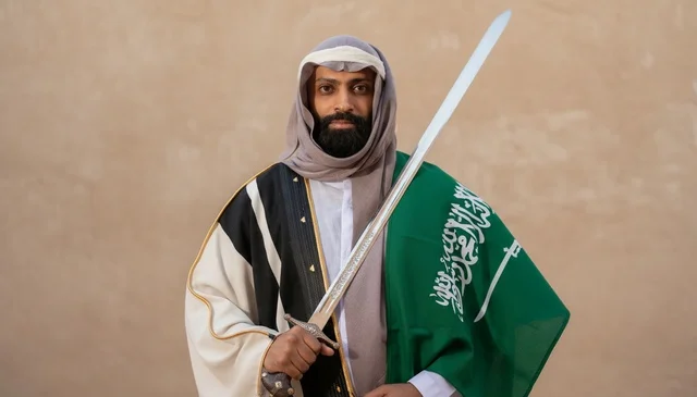 Saudi Man in Traditional Dress with Flag and Sword