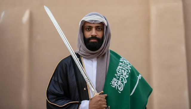 رجل سعودي باللباس التقليدي يحمل السيف والعلم