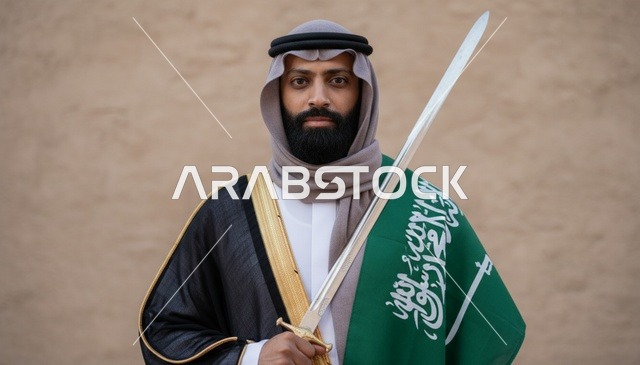 رجل سعودي يحمل العلم والسيف بالزي التقليدي