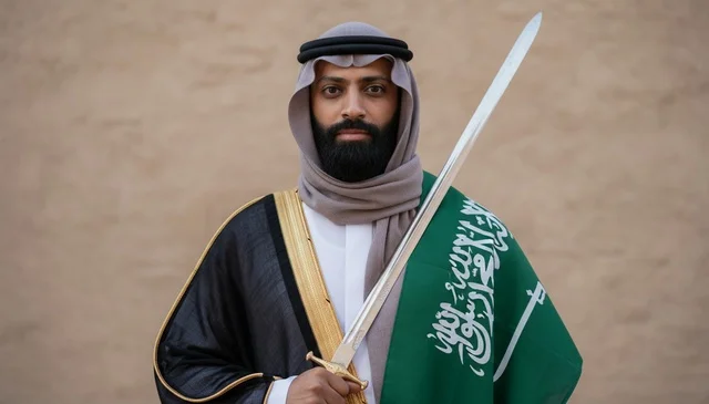 Saudi Man with Flag and Sword in Traditional Dress