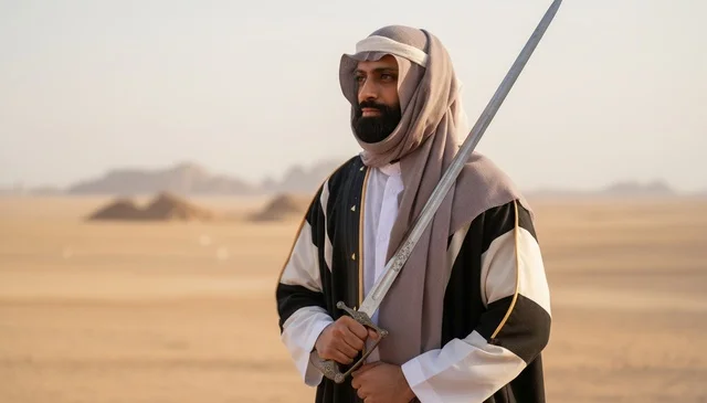 رجل سعودي باللباس التقليدي يحمل سيفاً في الصحراء