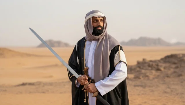 Saudi Man in Traditional Bisht Holding Sword in Desert