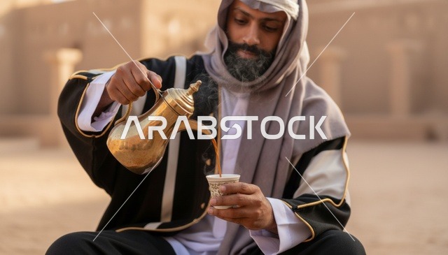 رجل سعودي يصب القهوة العربية من دلة ذهبية