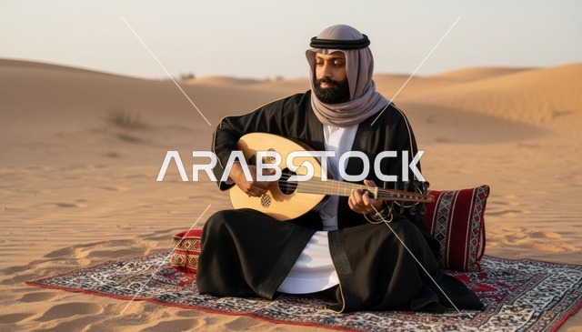رجل سعودي يعزف على العود في الصحراء وقت الغروب