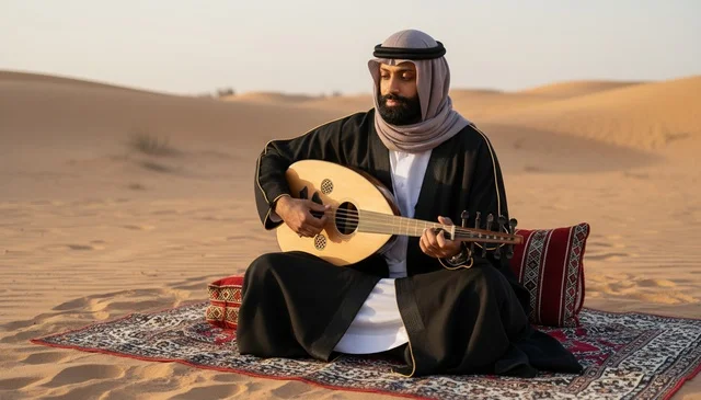 رجل سعودي يعزف على العود في الصحراء وقت الغروب
