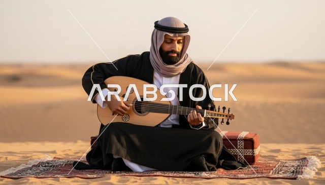 رجل سعودي يعزف على العود في الصحراء وقت الغروب