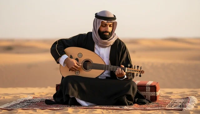 رجل سعودي يعزف على العود في الصحراء وقت الغروب