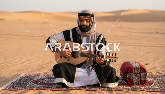 Saudi Man Playing Oud in Desert Sunset