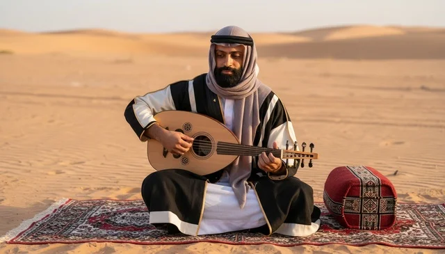 Saudi Man Playing Oud in Desert Sunset