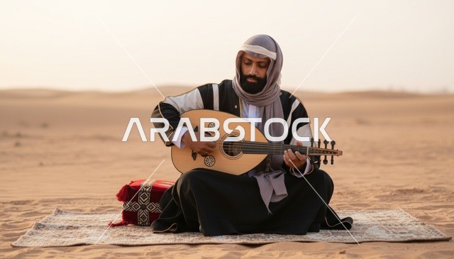 رجل عربي يعزف العود في الصحراء وقت الغروب