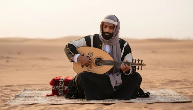 Arab Man Playing Oud in Desert at Sunset