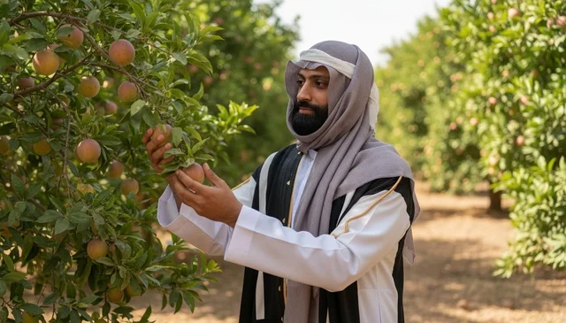 Saudi Man in Traditional Dress Inspecting Fruit Orchard