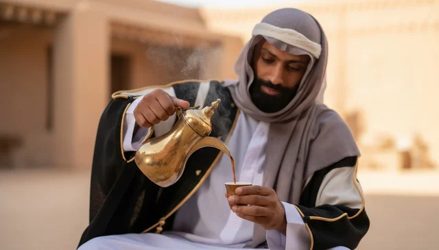 Saudi Man Pouring Traditional Arabic Coffee from Golden Dallah