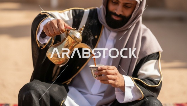 رجل سعودي يصب القهوة العربية من دلة ذهبية في الصحراء