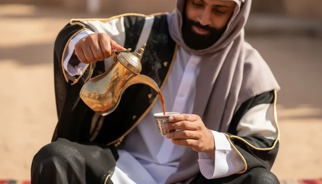رجل سعودي يصب القهوة العربية من دلة ذهبية في الصحراء