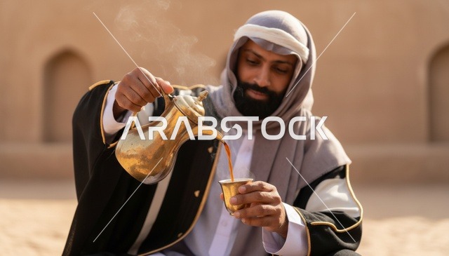 رجل سعودي يصب القهوة العربية من دلة ذهبية