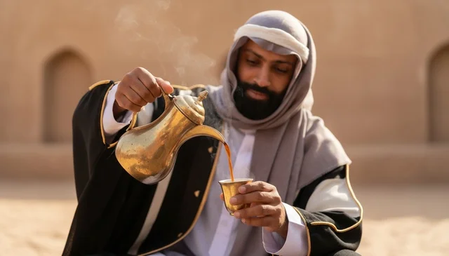 Saudi Man Pouring Arabic Coffee from Golden Dallah
