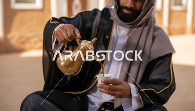 رجل سعودي يصب القهوة العربية من دلة ذهبية