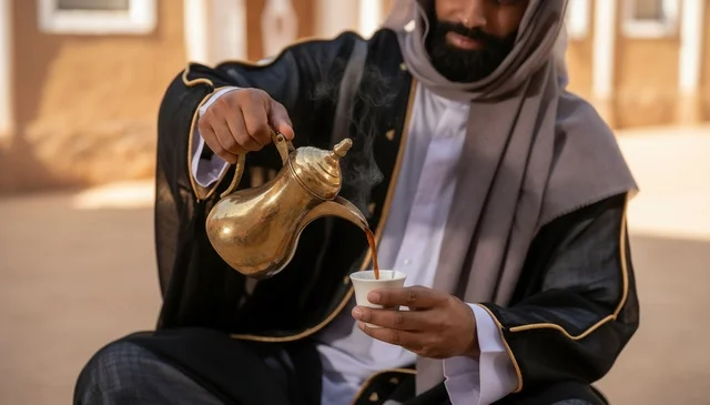 Saudi Man Pouring Arabic Coffee from Golden Dallah