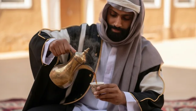 Saudi Man Pouring Traditional Arabic Coffee from Dallah