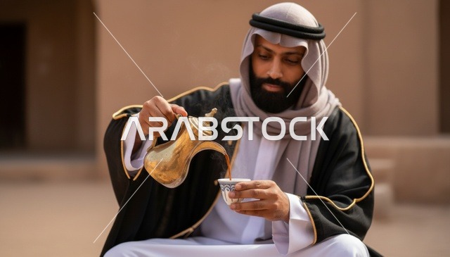 رجل سعودي يصب القهوة العربية بالبشت التقليدي