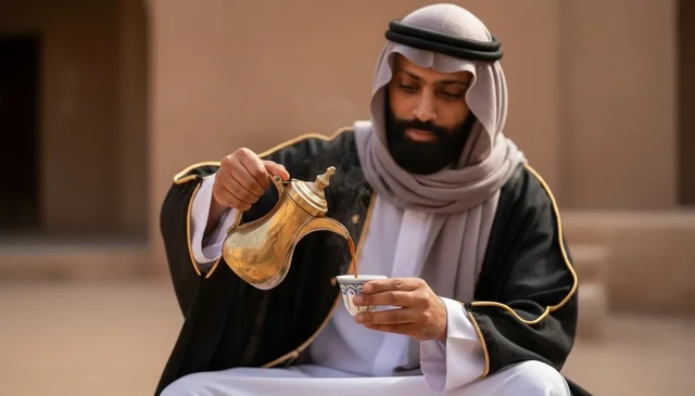رجل سعودي يصب القهوة العربية بالبشت التقليدي